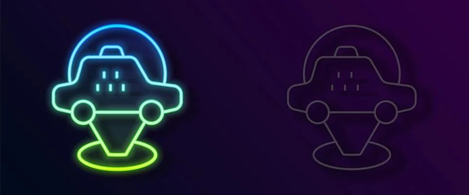 Glowing neon line Map pointer with taxi car icon isolated on black background Stock Illustration