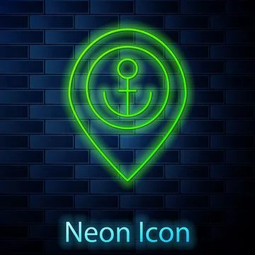 Glowing neon line Map pointer with anchor icon isolated on brick wall backgro Stockillustratie