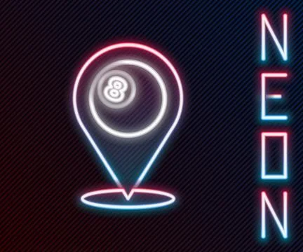Glowing neon line Map pointer with billiard pool snooker ball with number 8.. Stock Illustration