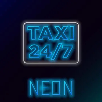 Glowing neon line Map pointer with taxi icon isolated on black background. .. Stock Illustration