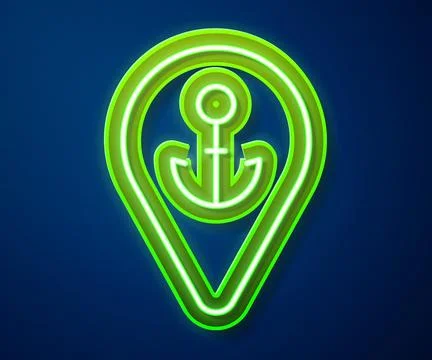 Glowing neon line Map pointer with anchor icon isolated on blue background... Stock Illustration