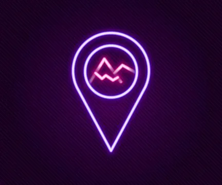 Glowing neon line Map pointer with mountain icon isolated on black backgrou.. Stock Illustration