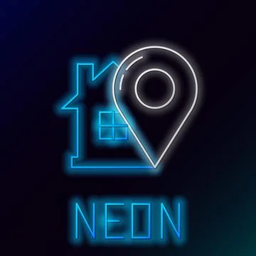Glowing neon line Map pointer with house icon isolated on black background... Stock Illustration