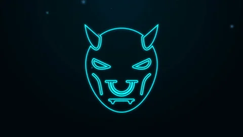 Glowing neon line Mask of the devil with horns icon isolated on black background Stock Footage 139596495