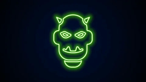 Glowing neon line Mask of the devil with horns icon isolated on black background Stock Footage 155545634