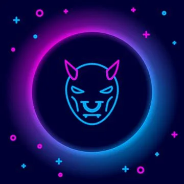 Glowing neon line Mask of the devil with horns icon isolated on black background Stock Illustration