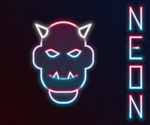 Glowing neon line Mask of the devil with horns icon isolated on black background Stock Illustration