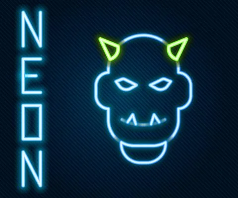 Glowing neon line Mask of the devil with horns icon isolated on black background Stock Illustration