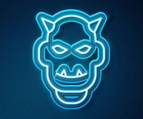 Glowing neon line Mask of the devil with horns icon isolated on blue background 库存插图