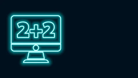 Glowing neon line Math system of equation solution on computer monitor icon Stock Footage 141829300