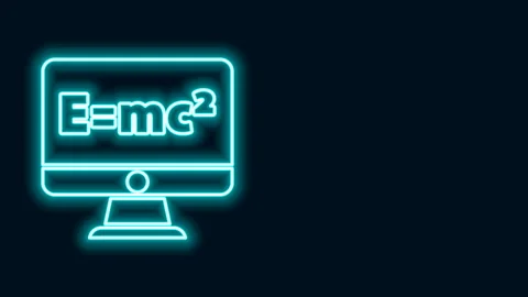 Glowing neon line Math system of equation solution on computer monitor icon Stock Footage 141888604