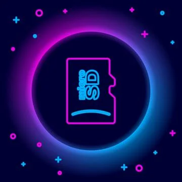Glowing neon line Micro SD memory card icon isolated on black background Stockillustratie