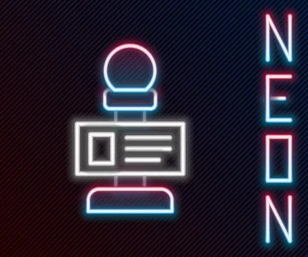 Glowing neon line Microphone icon isolated on black background. On air radi.. Illustrazione stock