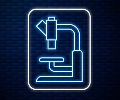 Glowing neon line Microscope icon isolated on brick wall background. Chemistry Stock Illustration