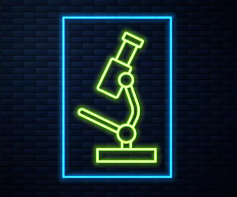 Glowing neon line Microscope icon isolated on brick wall background. Chemistry Stock Illustration