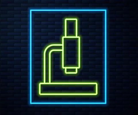 Glowing neon line Microscope icon isolated on brick wall background. Chemistry Stock Illustration