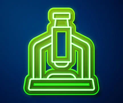 Glowing neon line Microscope icon isolated on blue background. Chemistry Stockillustratie