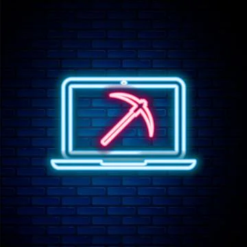 Glowing neon line Mining concept with laptop and pickaxe icon isolated on brick Stock Illustration