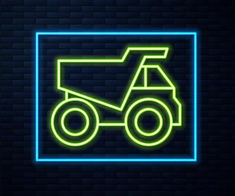 Glowing neon line Mining dump truck icon isolated on brick wall background Stock Illustration