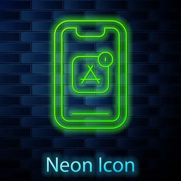 Glowing neon line Mobile Apps icon isolated on brick wall background. Smartphone Stockillustratie
