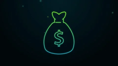 Glowing neon line Money bag icon isolated on black background. Dollar or USD