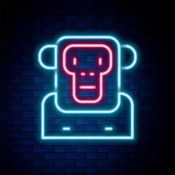Glowing neon line Monkey icon isolated on brick wall background. Colorful Stock Illustration
