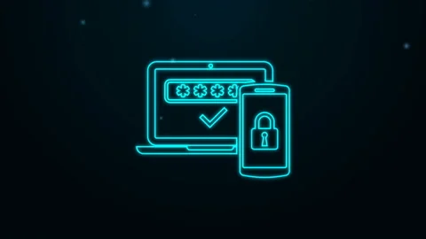 Glowing neon line Multi factor, two steps authentication icon isolated on black Stock Footage 139479344