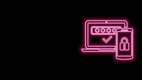 Glowing neon line Multi factor, two steps authentication icon isolated on black Stock Footage 140827401