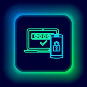 Glowing neon line Multi factor, two steps authentication icon isolated on black Stock Illustration