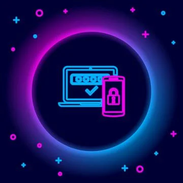 Glowing neon line Multi factor, two steps authentication icon isolated on black Stock Illustration