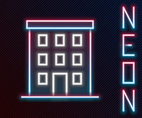 Glowing neon line Multi storey building icon isolated on black background Ilustración de archivo