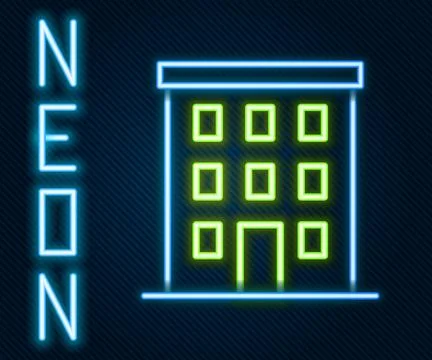 Glowing neon line Multi storey building icon isolated on black background. .. Ilustración de archivo