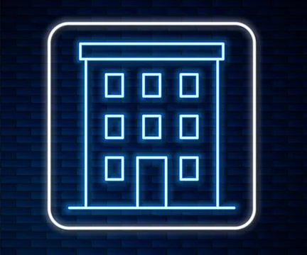 Glowing neon line Multi storey building icon isolated on brick wall backgro.. Ilustración de archivo