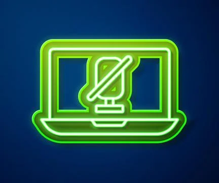 Glowing neon line Mute microphone on laptop icon isolated on blue background. Stock Illustration