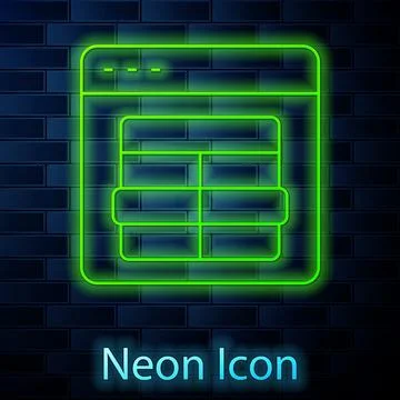 Glowing neon line MySQL code icon isolated on brick wall background. HTML C.. Illustrazione stock