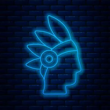 Glowing neon line Native American Indian icon isolated on brick wall background Stock Illustration