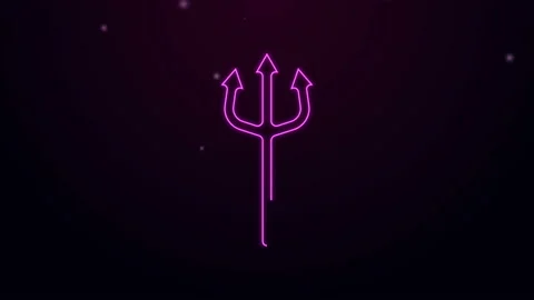 Glowing neon line Neptune Trident icon isolated on purple background. Happy Stock Footage 139810338