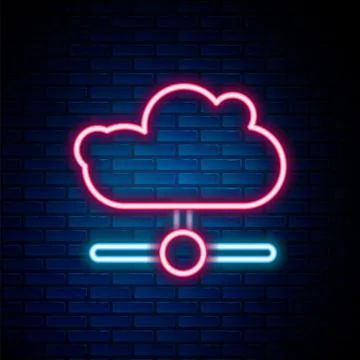 Glowing neon line Network cloud connection icon isolated on brick wall Stock Illustration