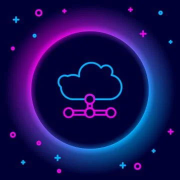 Glowing neon line Network cloud connection icon isolated on black background Illustrazione stock