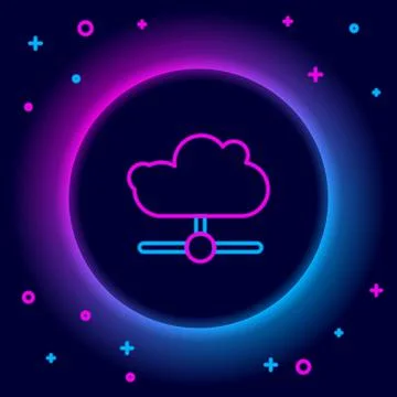 Glowing neon line Network cloud connection icon isolated on black background Illustrazione stock