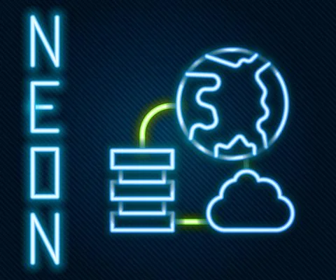 Glowing neon line Network cloud connection icon isolated on black background Illustrazione stock
