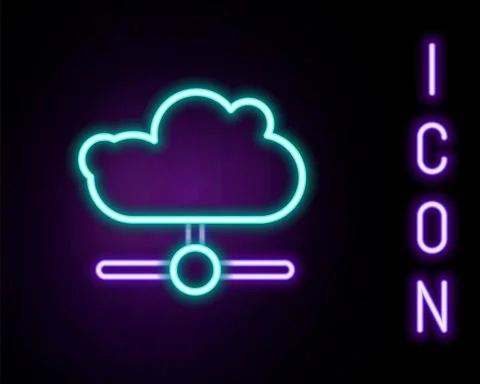Glowing neon line Network cloud connection icon isolated on black background. Stock Illustration