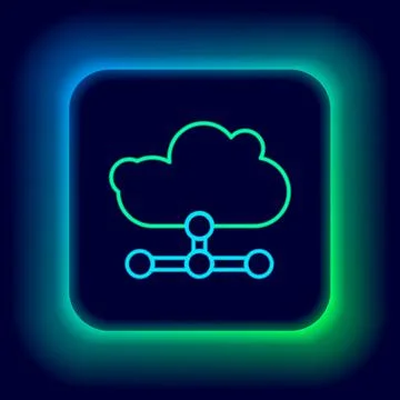 Glowing neon line Network cloud connection icon isolated on black background Stock Illustration