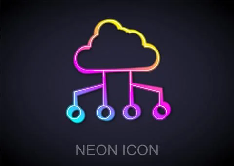 Glowing neon line Network cloud connection icon isolated on black background Stock Illustration
