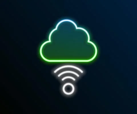 Glowing neon line Network cloud connection icon isolated on black background Stock Illustration