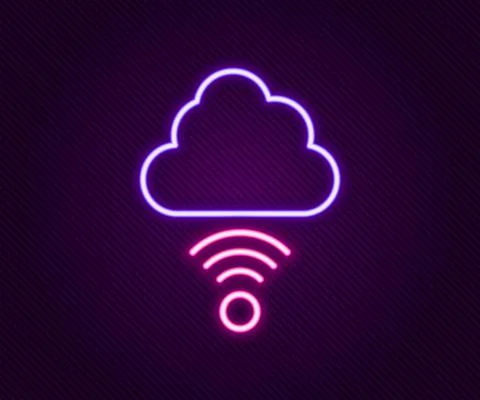 Glowing neon line Network cloud connection icon isolated on black background Stock Illustration