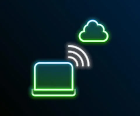 Glowing neon line Network cloud connection icon isolated on black background Stock Illustration