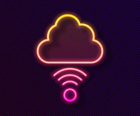 Glowing neon line Network cloud connection icon isolated on black background Stock Illustration