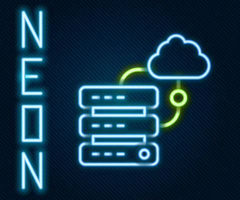 Glowing neon line Network cloud connection icon isolated on black background 스톡 일러스트