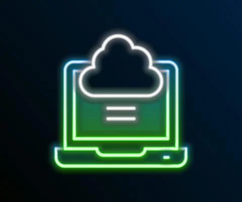 Glowing neon line Network cloud connection icon isolated on black background Illustrazione stock